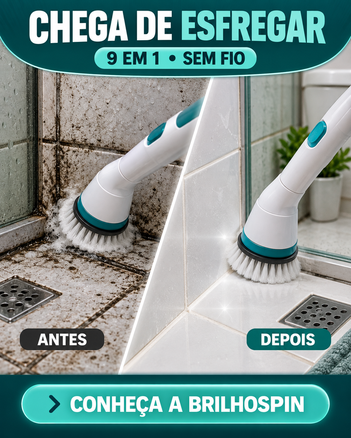 Demonstração antes e depois da limpeza de azulejos com a BrilhoSpin